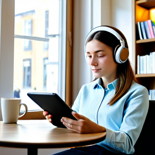 A young adult, fully clothed in modest, modern attire, is comfortably seated in a bright, contemporary cafe. They are wearing headphones and holding a tablet, appearing deeply engrossed in an audiobook or e-book of a classic novel. Sunlight streams through a large window, illuminating their calm, thoughtful expression. The background features blurred shelves of contemporary books and soft lighting, suggesting a peaceful, intellectual atmosphere. The image emphasizes digital accessibility and quiet contemplation. Safe for work, appropriate content, fully clothed, professional photography, perfect anatomy, correct proportions, well-formed hands, natural body proportions, natural pose, modest clothing, high quality, family-friendly.