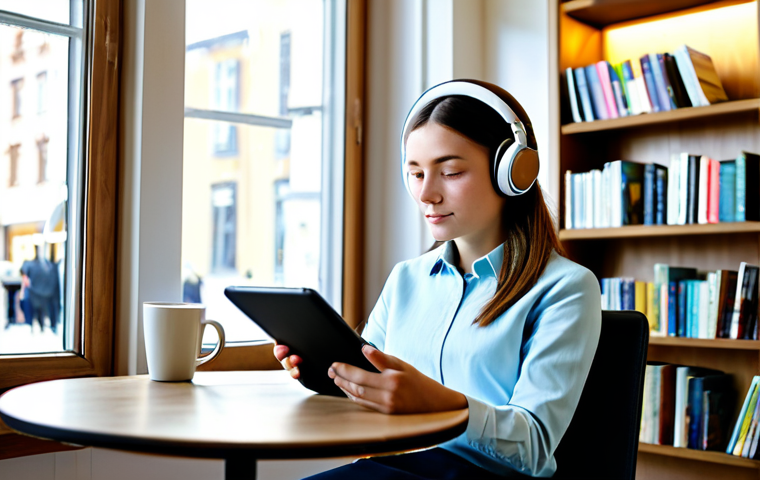 A young adult, fully clothed in modest, modern attire, is comfortably seated in a bright, contemporary cafe. They are wearing headphones and holding a tablet, appearing deeply engrossed in an audiobook or e-book of a classic novel. Sunlight streams through a large window, illuminating their calm, thoughtful expression. The background features blurred shelves of contemporary books and soft lighting, suggesting a peaceful, intellectual atmosphere. The image emphasizes digital accessibility and quiet contemplation. Safe for work, appropriate content, fully clothed, professional photography, perfect anatomy, correct proportions, well-formed hands, natural body proportions, natural pose, modest clothing, high quality, family-friendly.