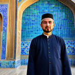 A professional scholar or architect in traditional, modest Central Asian attire, fully clothed, standing majestically in front of the ornate, blue mosaic tilework of a grand Timurid madrassa in Samarkand, capturing the essence of the Silk Road's cultural exchange. The scene is bathed in golden sunlight, highlighting the intricate geometric patterns and a historical atmosphere. perfect anatomy, correct proportions, natural pose, well-formed hands, proper finger count, natural body proportions, professional photography, high quality, safe for work, appropriate content, modest clothing.