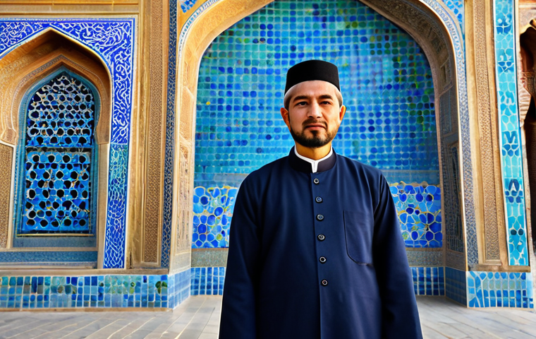 A professional scholar or architect in traditional, modest Central Asian attire, fully clothed, standing majestically in front of the ornate, blue mosaic tilework of a grand Timurid madrassa in Samarkand, capturing the essence of the Silk Road's cultural exchange. The scene is bathed in golden sunlight, highlighting the intricate geometric patterns and a historical atmosphere. perfect anatomy, correct proportions, natural pose, well-formed hands, proper finger count, natural body proportions, professional photography, high quality, safe for work, appropriate content, modest clothing.