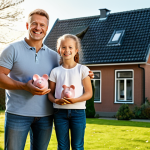 Home Savings & Family**

"A cheerful, fully clothed family of four standing in front of a modest, well-maintained Dutch-style house. The father is holding a piggy bank. The scene is bathed in warm sunlight, evoking a sense of financial security and family happiness. Safe for work, appropriate content, fully clothed, professional, family-friendly, perfect anatomy, correct proportions, natural pose, well-formed hands, proper finger count, natural body proportions, high quality."

**