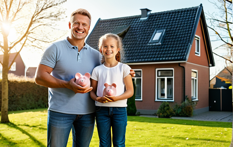 Home Savings & Family**
"A cheerful, fully clothed family of four standing in front of a modest, well-maintained Dutch-style house. The father is holding a piggy bank. The scene is bathed in warm sunlight, evoking a sense of financial security and family happiness. Safe for work, appropriate content, fully clothed, professional, family-friendly, perfect anatomy, correct proportions, natural pose, well-formed hands, proper finger count, natural body proportions, high quality."
**
